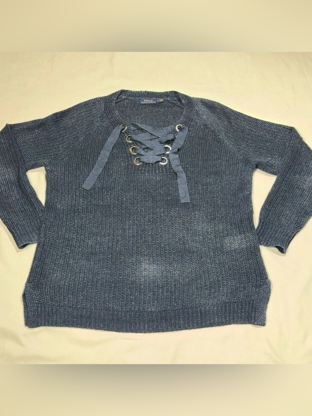 Polo Ralph Lauren Women’s M 100% Linen Lace Up Sweater Slate Blue  P100